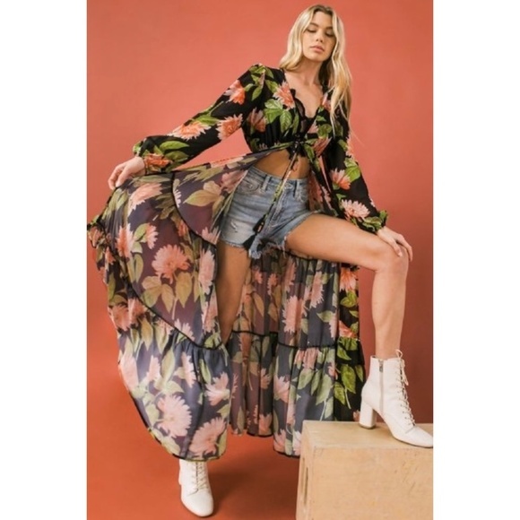 Flying Tomato Tropical Print Long Sleeve Maxi Top